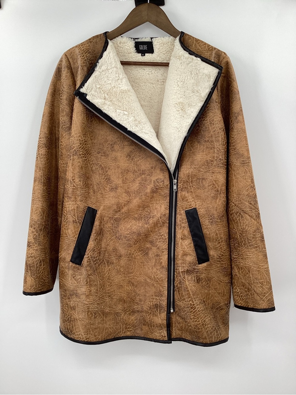 Goldie Tan Faux-Leather Jacket with Cream Shearling